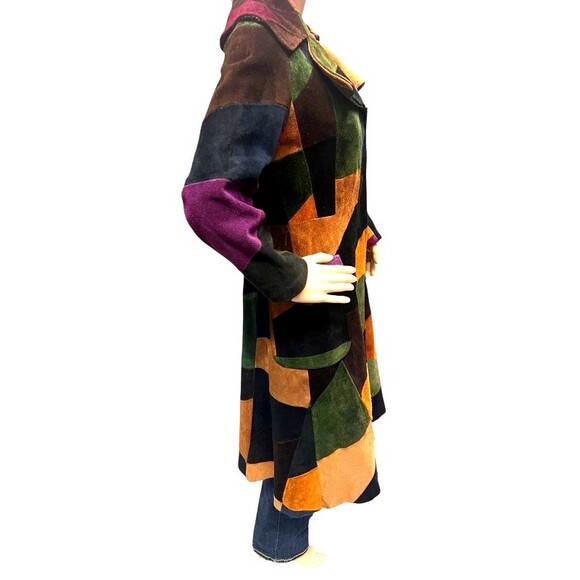 Vintage 70's Leather Suede Patchwork Hippie Boho Snap Button Long Jacket Coat 12 - Picture 4 of 16